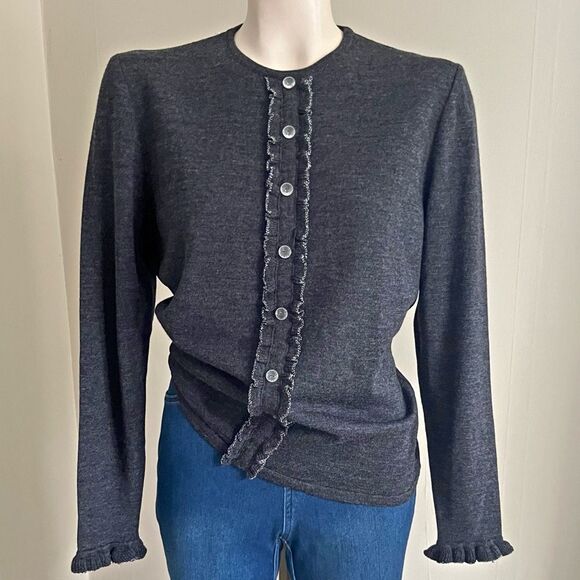 VINTAGE Valentino Studio 70s 80s Gray Wool Ruffle Sweater - Made in Italy - Picture 1 of 13